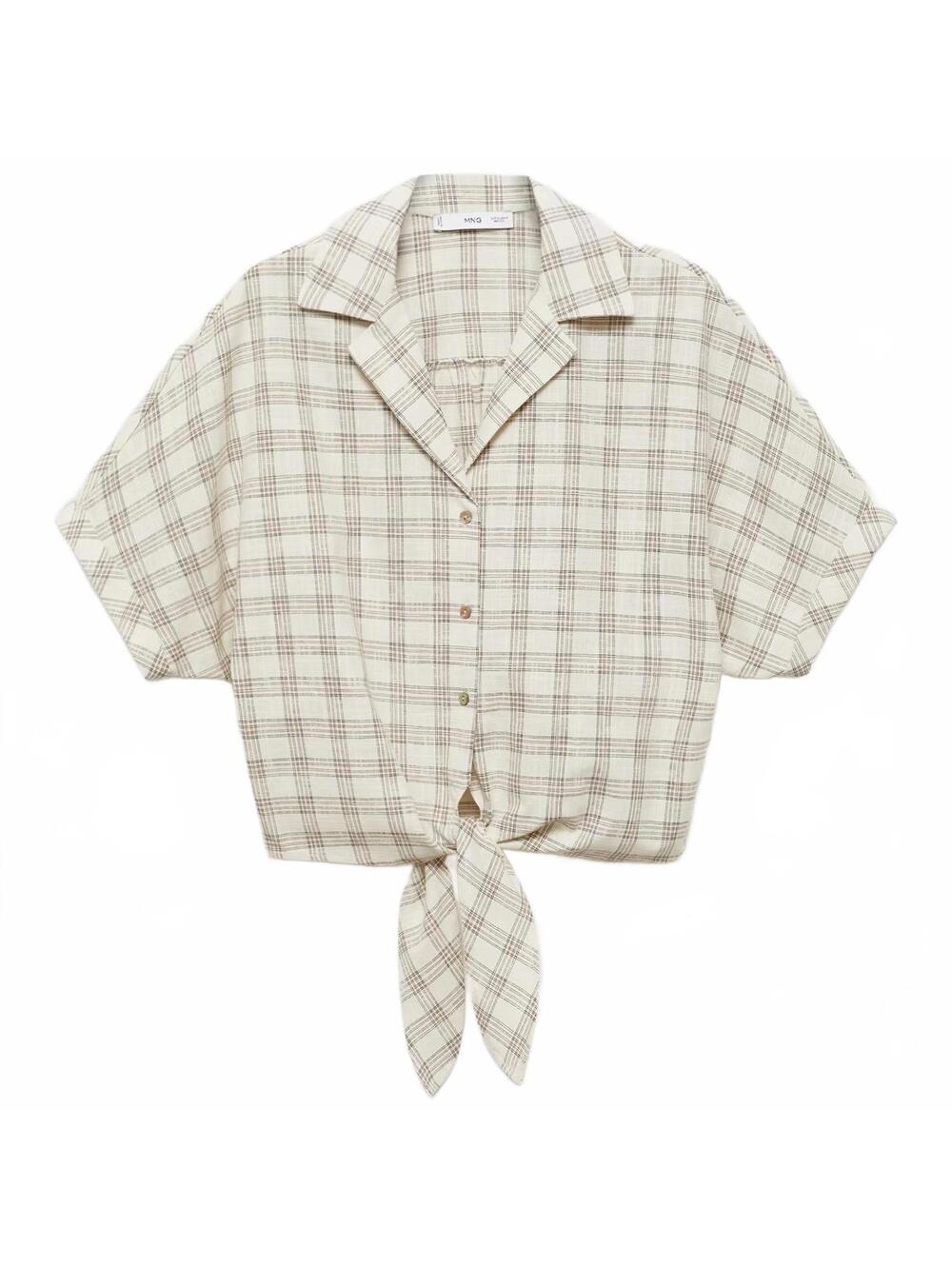 Mango Gingham Check Crop Shirt Top Ecru Beige Tan NWT Size 4/Small